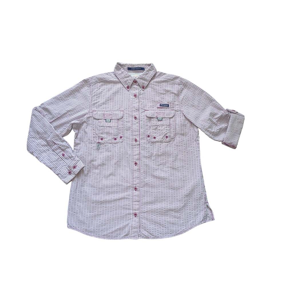 Columbia Super Bahama Shirt Womens M Purple Striped Roll Tab Sleeve Performance